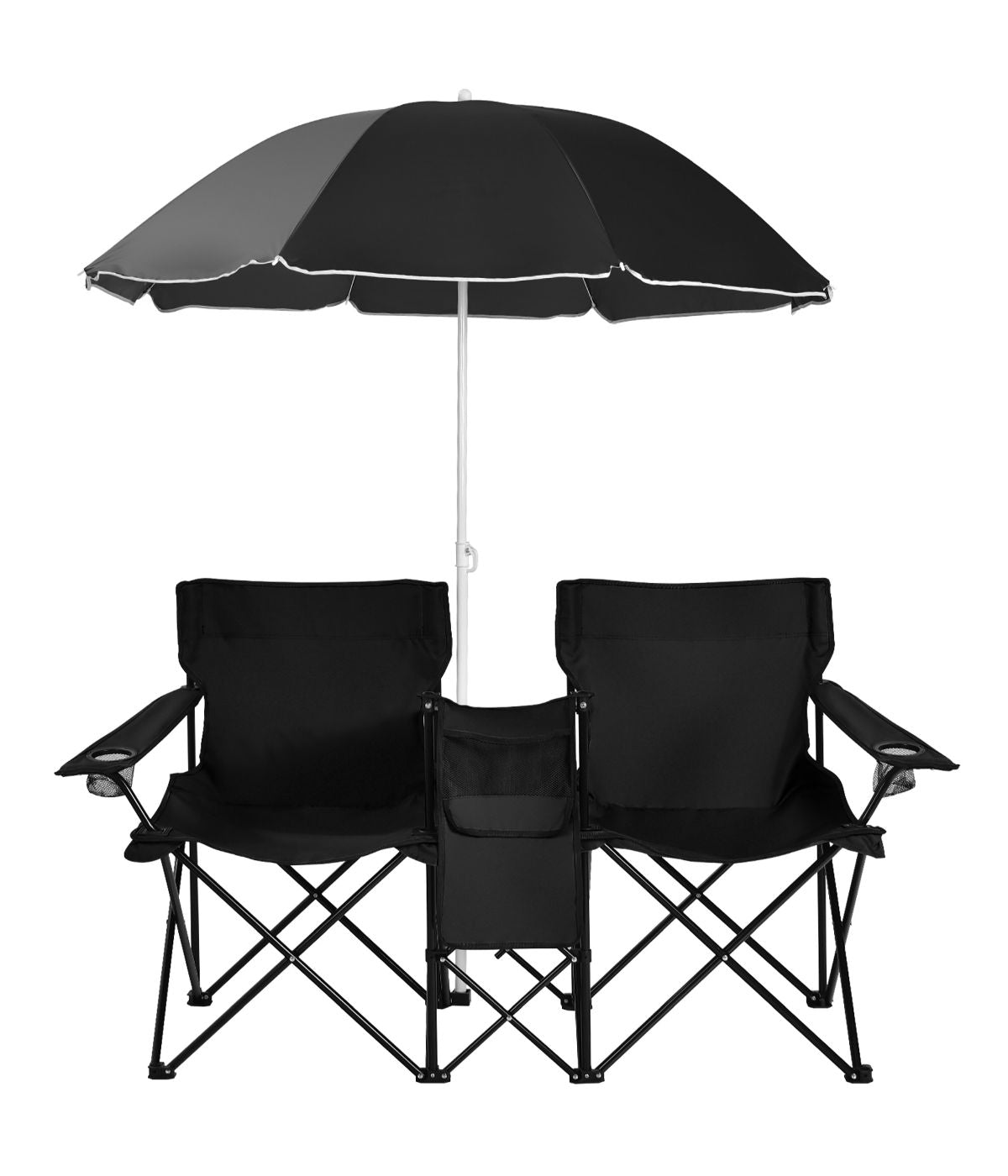 Portable Folding Picnic Double Chair With Umbrella Table Cooler Beach Camping Black