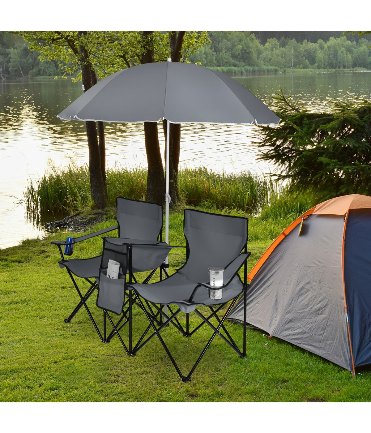  Portable Folding Picnic Double Chair W & Umbrella Table Cooler Beach Camping Gray - Gray - Bonton