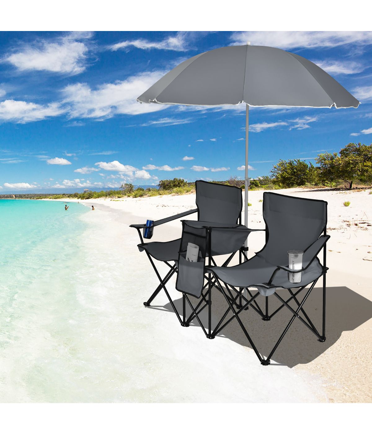 Portable Folding Picnic Double Chair W & Umbrella Table Cooler Beach Camping Gray