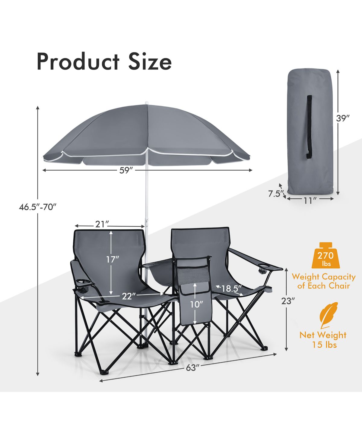  Portable Folding Picnic Double Chair W & Umbrella Table Cooler Beach Camping Gray - Gray - Bonton