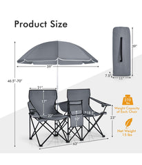 Portable Folding Picnic Double Chair W & Umbrella Table Cooler Beach Camping Gray