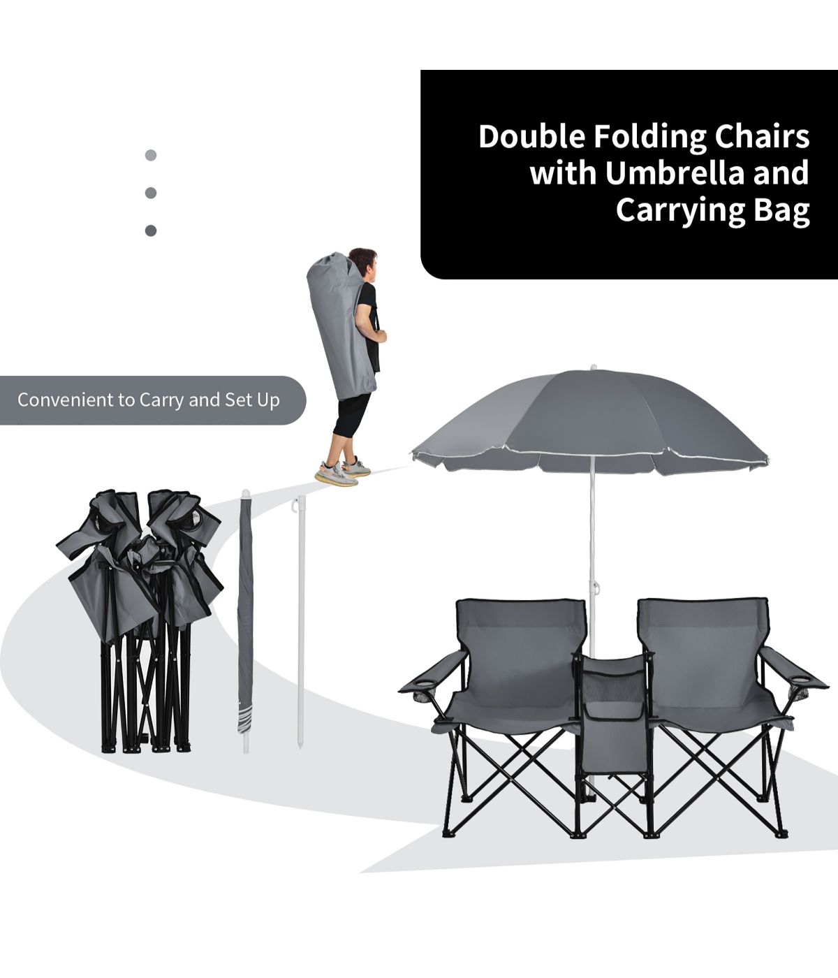 Portable Folding Picnic Double Chair W & Umbrella Table Cooler Beach Camping Gray