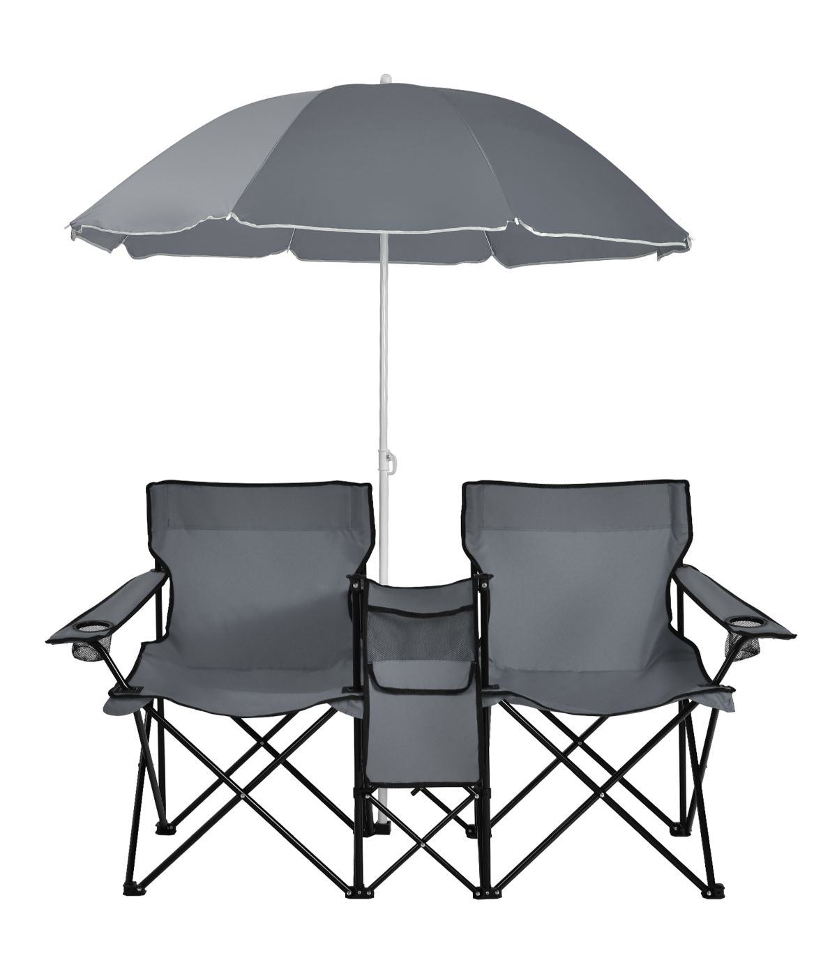 Portable Folding Picnic Double Chair W & Umbrella Table Cooler Beach Camping Gray