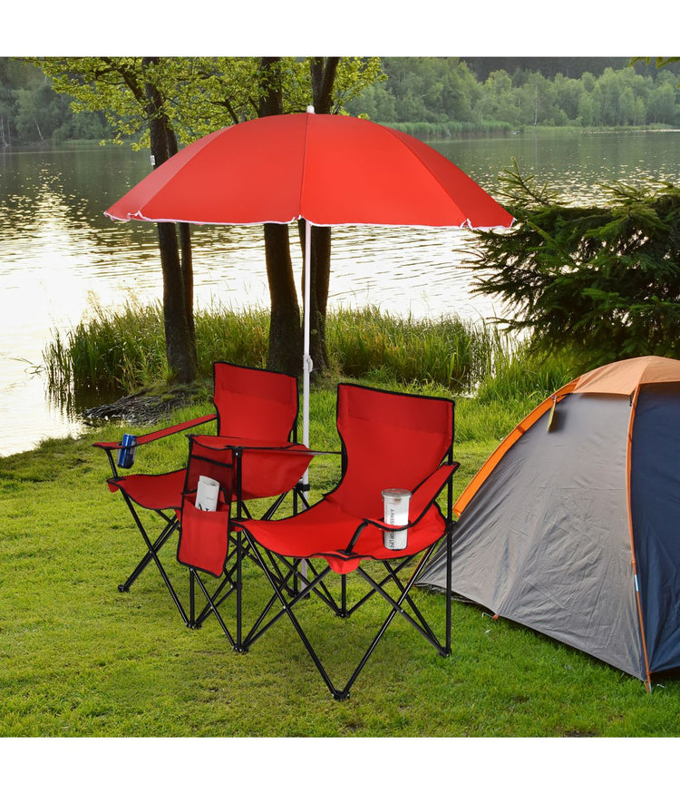 Portable Folding Picnic Double Chair W & Umbrella Table Cooler Beach Camping Red