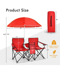 Portable Folding Picnic Double Chair W & Umbrella Table Cooler Beach Camping Red