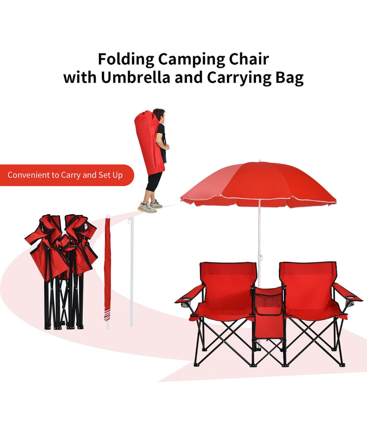 Portable Folding Picnic Double Chair W & Umbrella Table Cooler Beach Camping Red