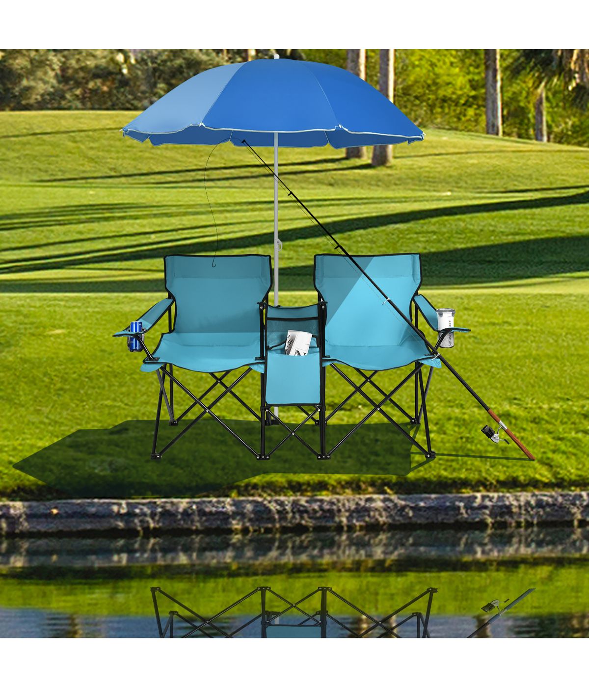 Portable Folding Picnic Double Chair W & Umbrella Table Cooler Beach Camping Turquoise