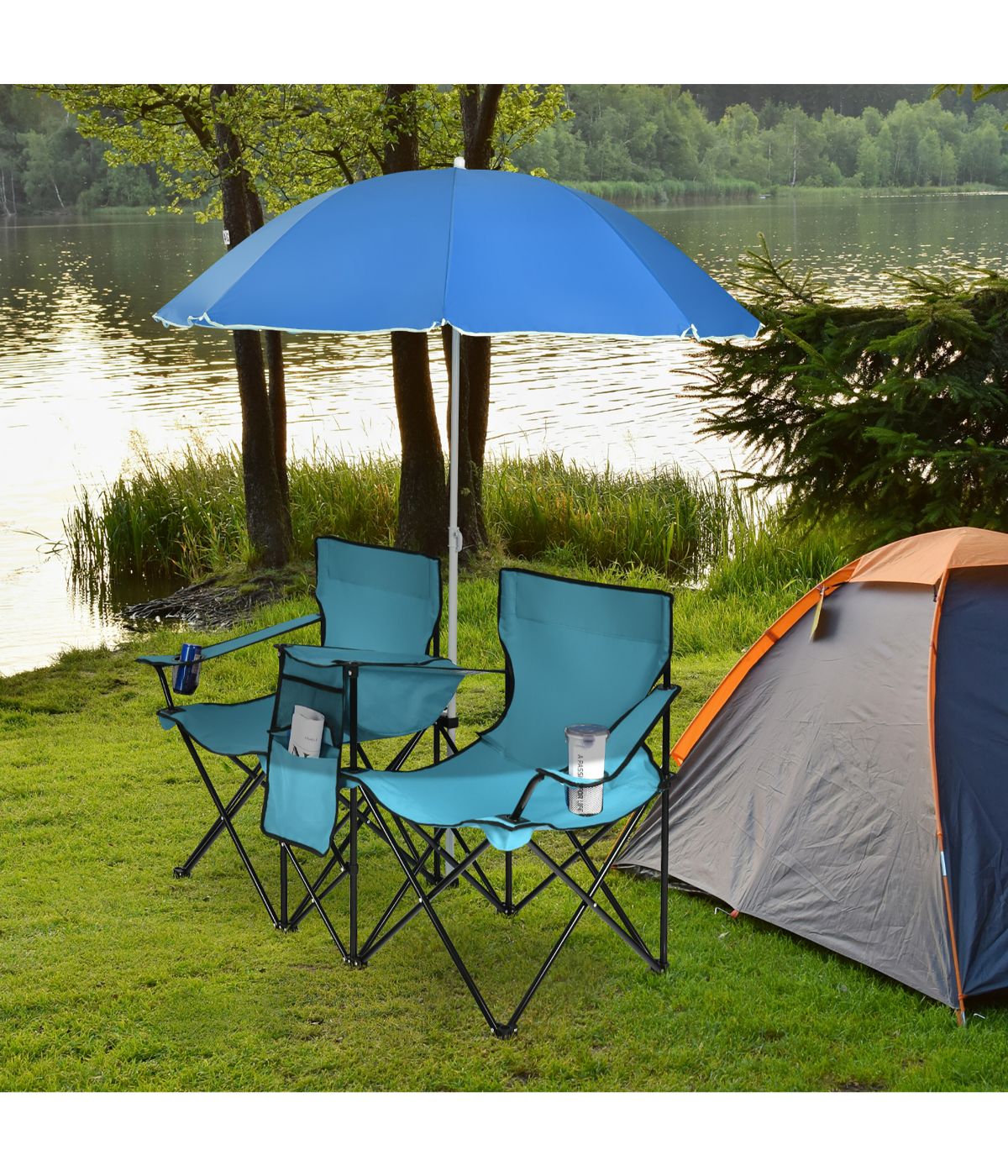  Portable Folding Picnic Double Chair W & Umbrella Table Cooler Beach Camping Turquoise - Turquoise - Bonton