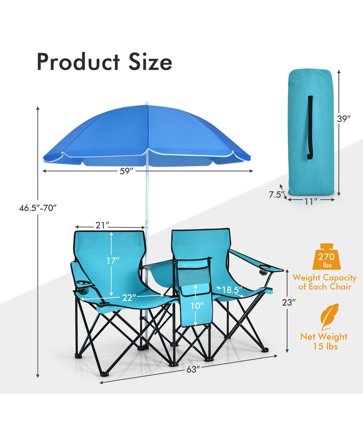  Portable Folding Picnic Double Chair W & Umbrella Table Cooler Beach Camping Turquoise - Turquoise - Bonton