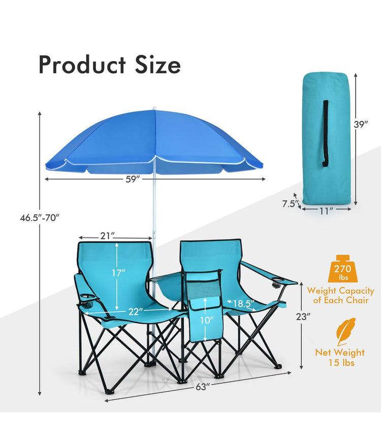 Portable Folding Picnic Double Chair W & Umbrella Table Cooler Beach Camping Turquoise