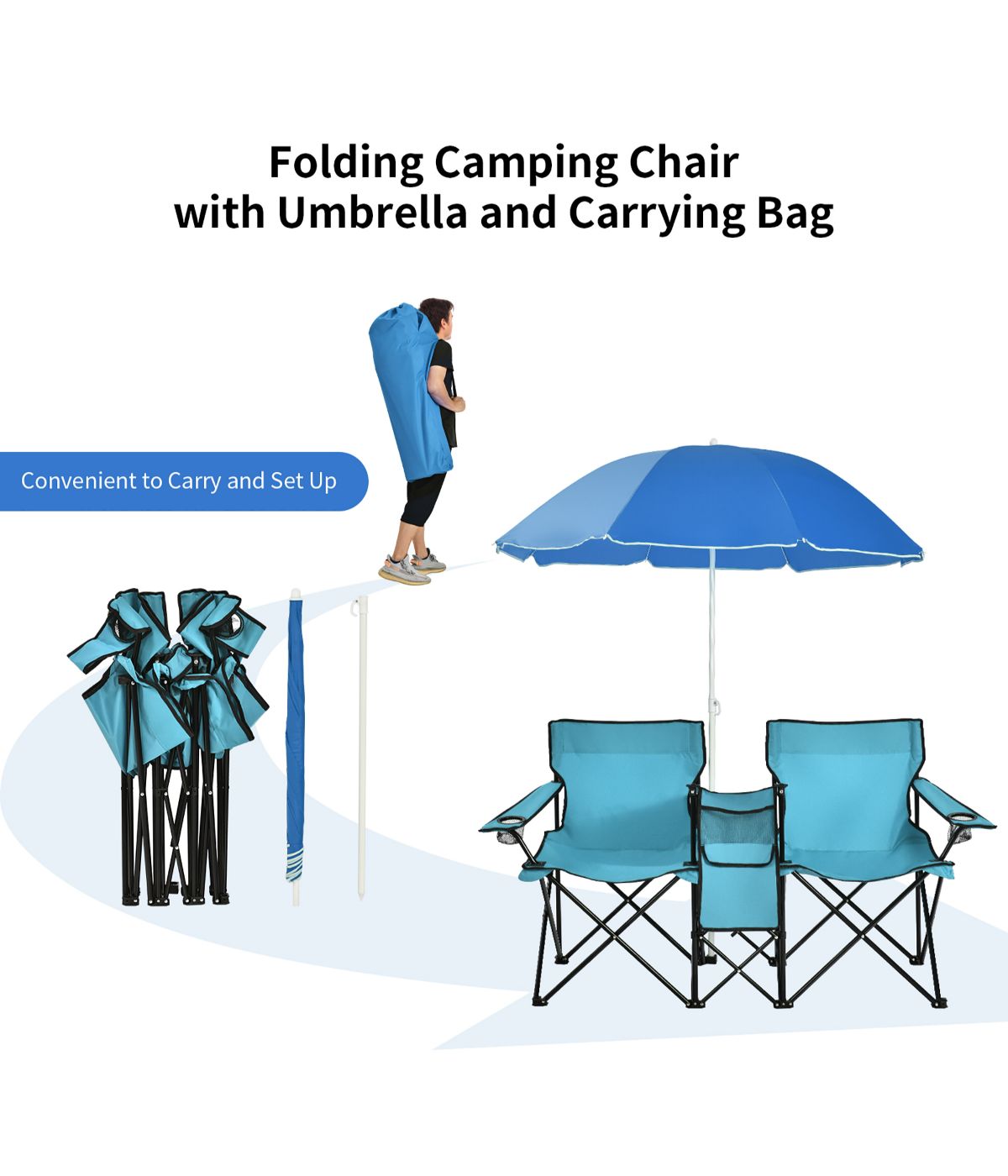 Portable Folding Picnic Double Chair W & Umbrella Table Cooler Beach Camping Turquoise