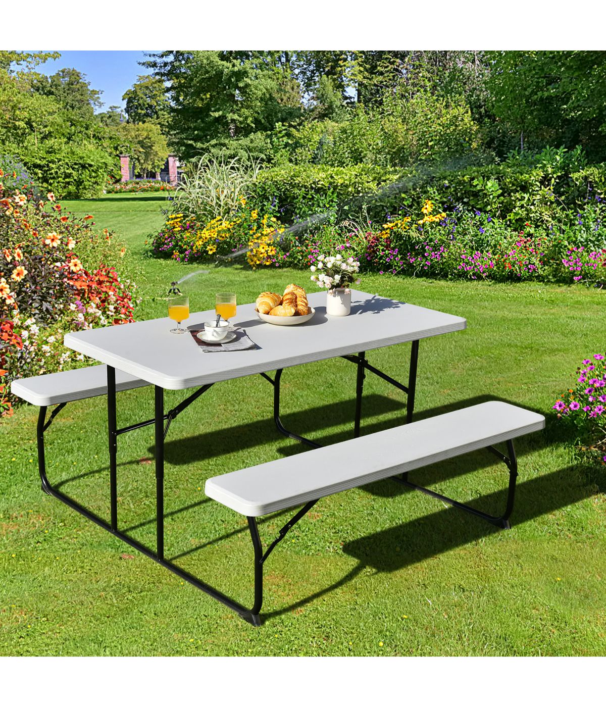  Foldable Camping Picnic Table Bench Set For Patio & Backyard White - White - Bonton