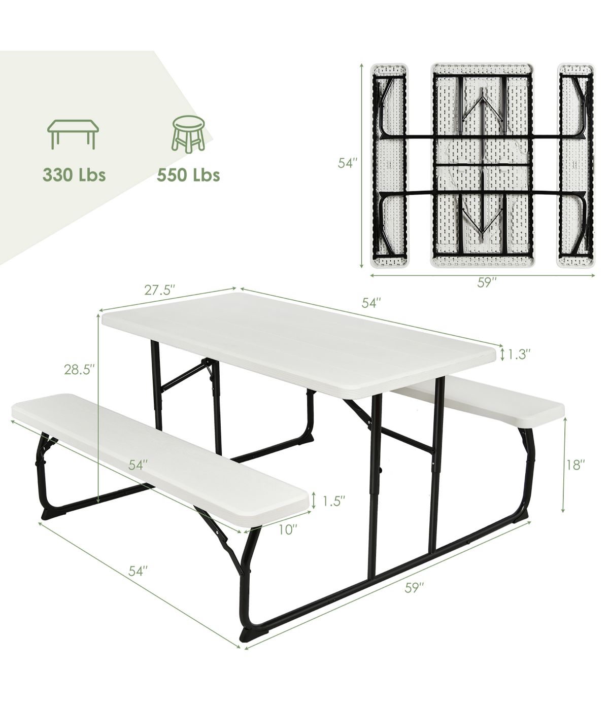  Foldable Camping Picnic Table Bench Set For Patio & Backyard White - White - Bonton