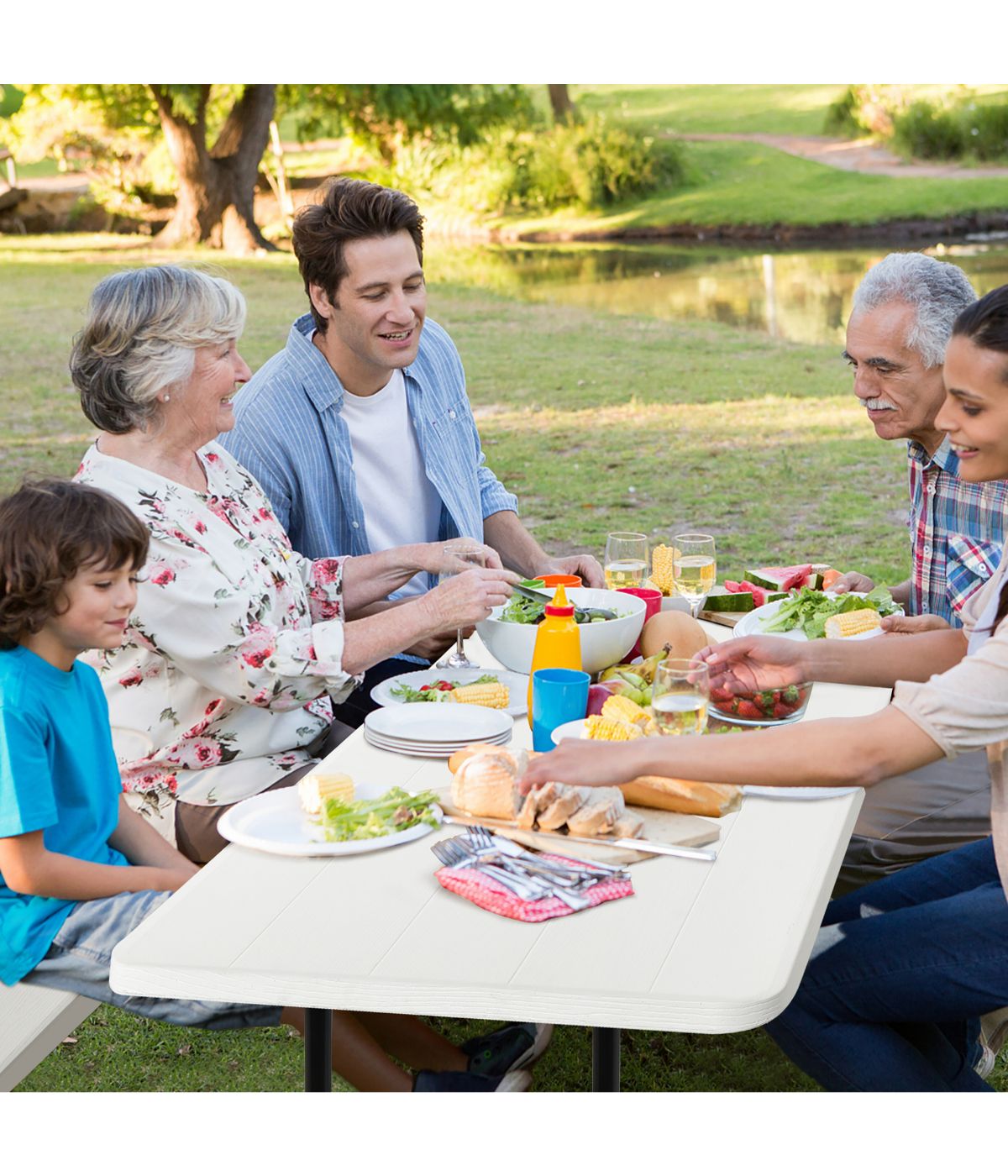  Foldable Camping Picnic Table Bench Set For Patio & Backyard White - White - Bonton