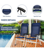 Patio Dining Aluminum Camping Chair With Adjustible Portable Headrest Set of 2 Navy