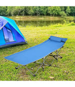 Folding Camping Cot Heavy-Duty Outdoor Bed With Side Storage Pocket Blue