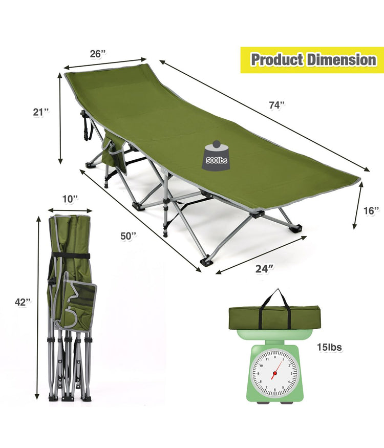 Folding Camping Cot Heavy-Duty Outdoor Bed With Side Storage Pocket Green