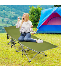 Folding Camping Cot Heavy-Duty Outdoor Bed With Side Storage Pocket Green