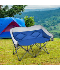 Folding Camping Double Loveseat Chair With Bag & Padded Backrest Blue