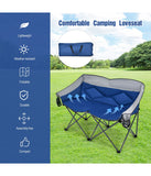 Folding Camping Double Loveseat Chair With Bag & Padded Backrest Blue