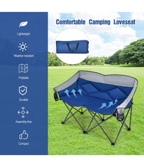 Folding Camping Double Loveseat Chair With Bag & Padded Backrest Blue