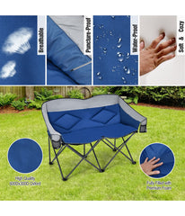 Folding Camping Double Loveseat Chair With Bag & Padded Backrest Blue