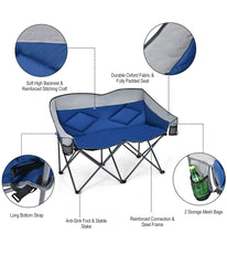 Folding Camping Double Loveseat Chair With Bag & Padded Backrest Blue