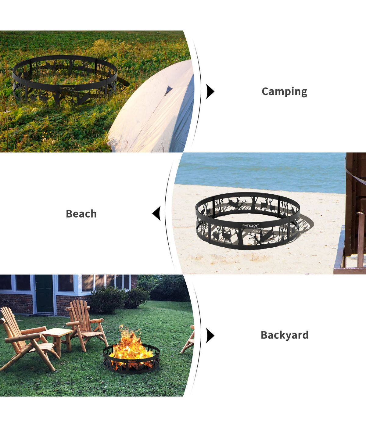  36'' Metal Fire Pit Ring Deer With Extra Poker Black - Black - Bonton