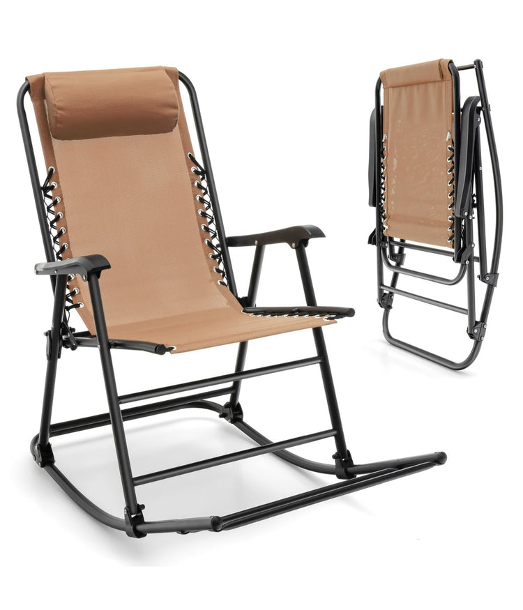 Patio Folding Camping Rocking Chair For Footrest Outdoor Beige