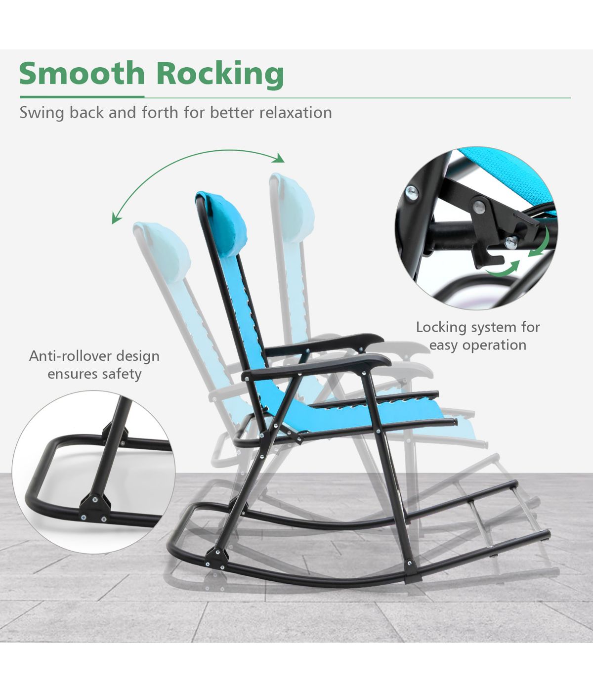 Patio Folding Camping Rocking Chair For Footrest Outdoor Blue