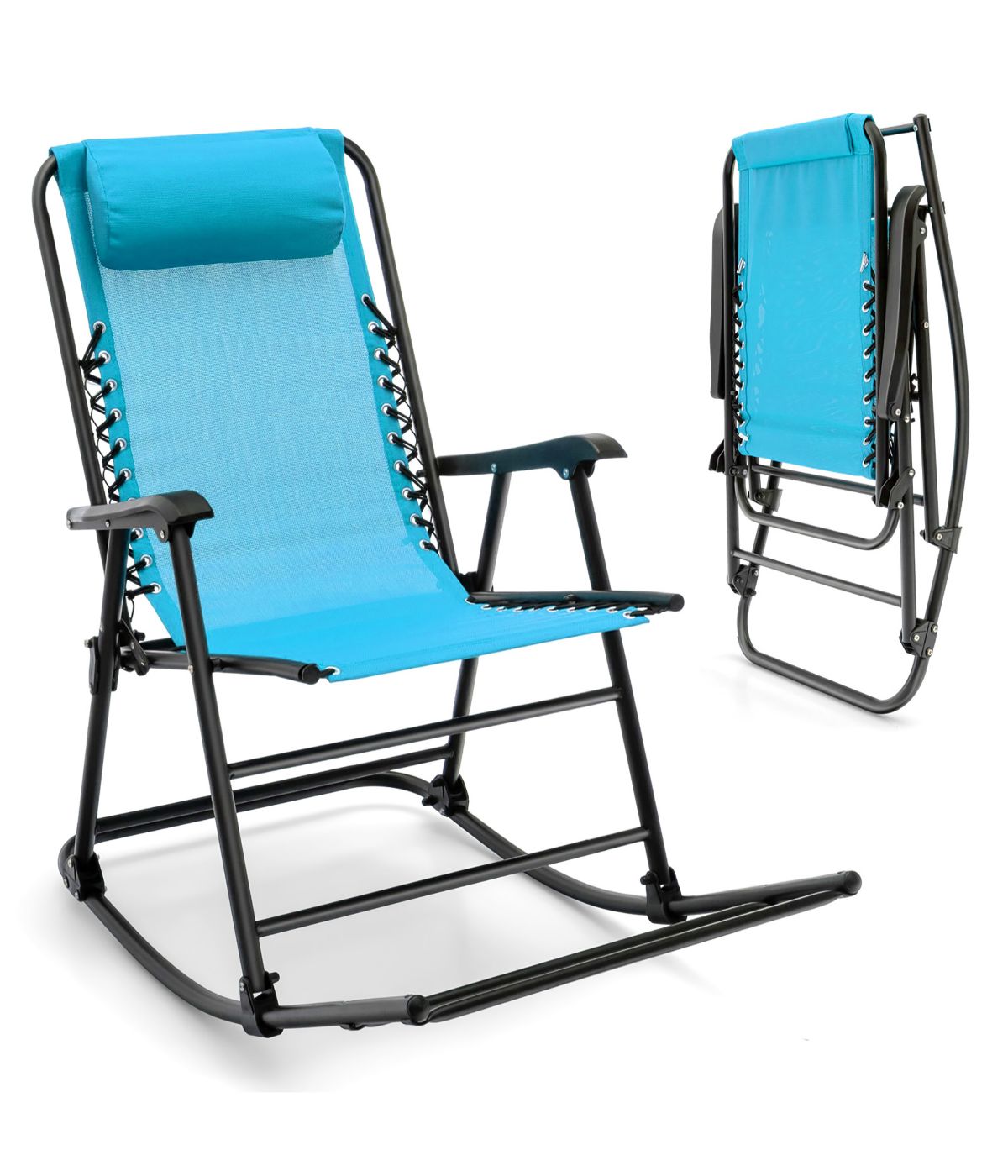 Patio Folding Camping Rocking Chair For Footrest Outdoor Blue