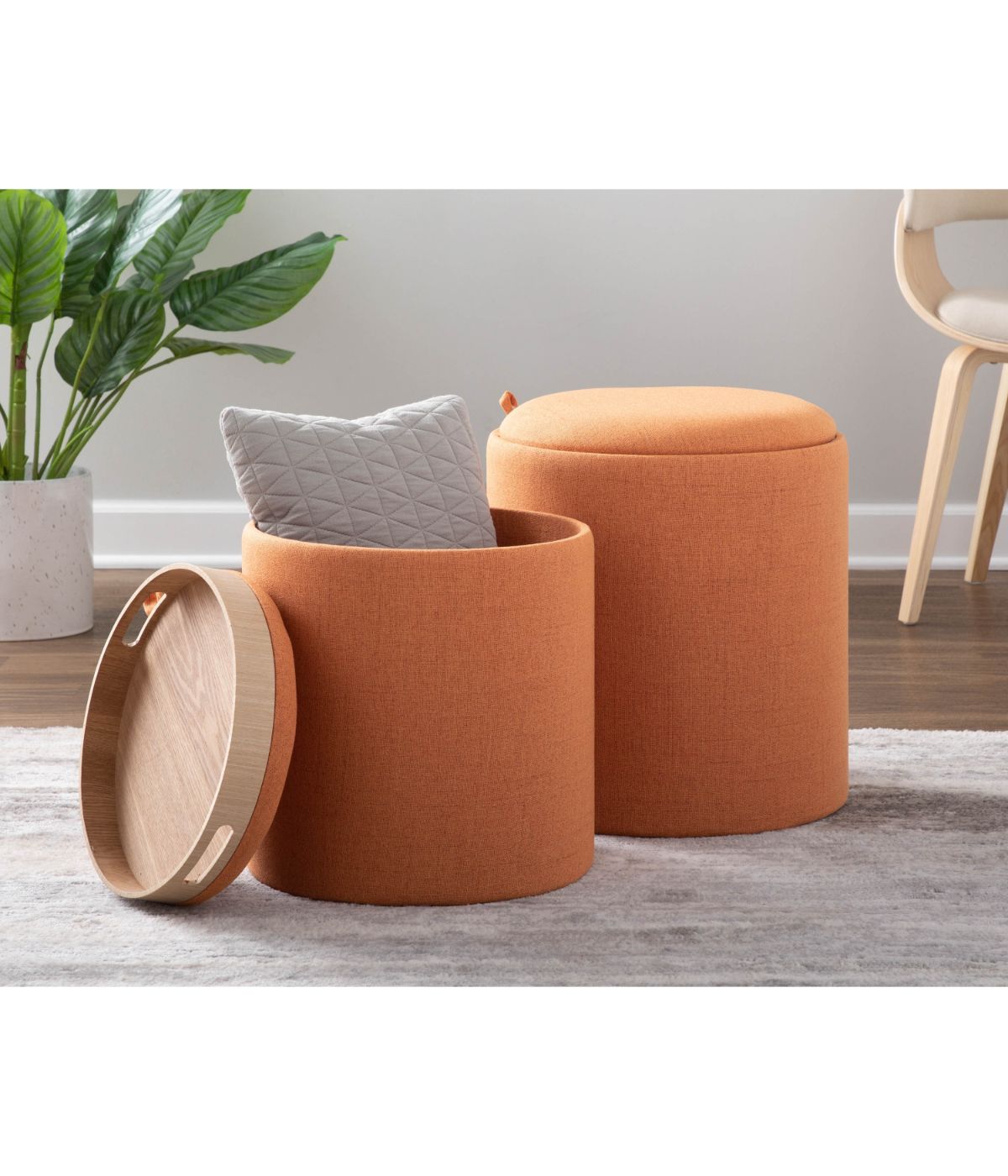  LumiSource Tray Nesting Ottoman Set Orange & Natural - Orange & Natural - Bonton