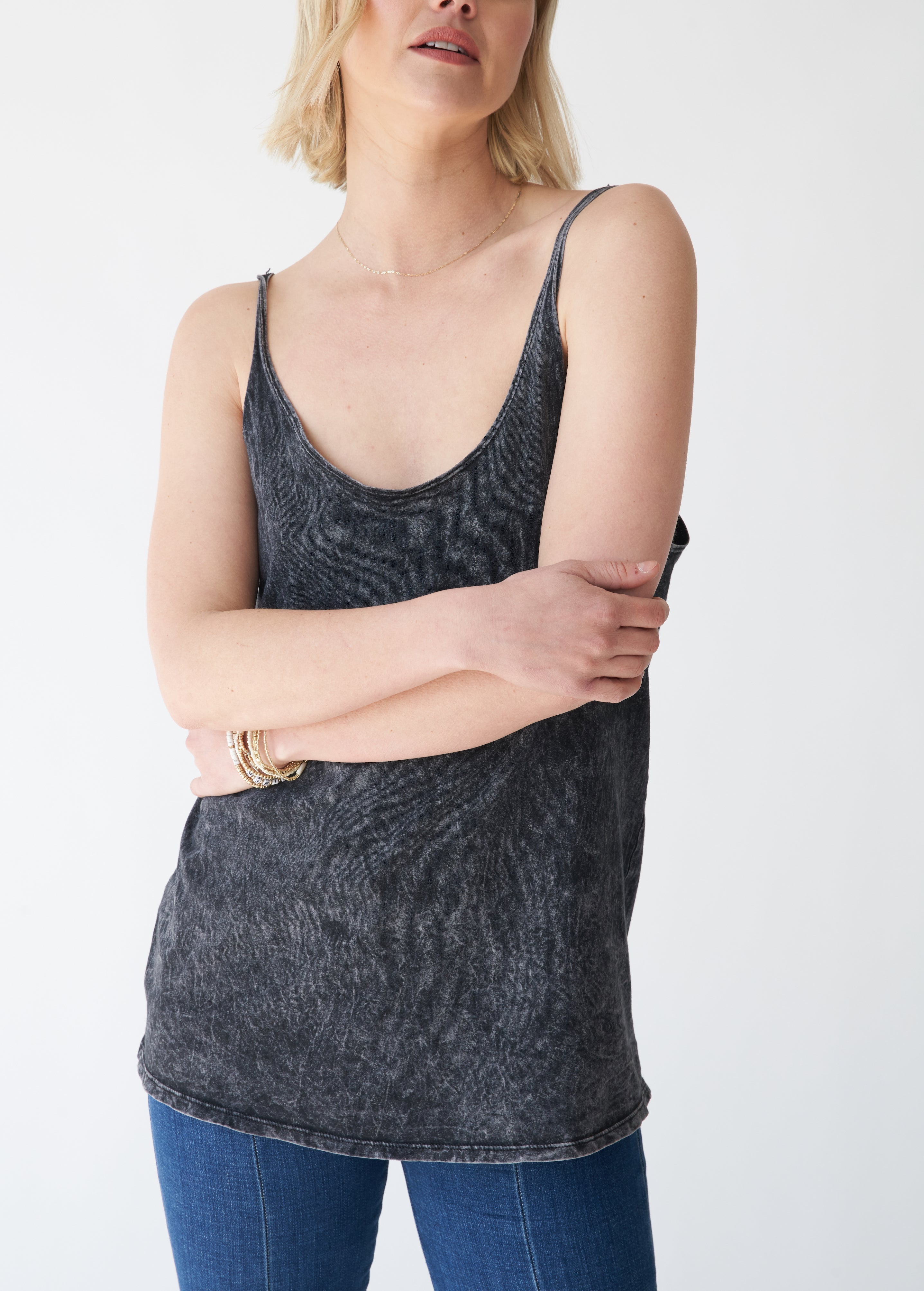  EB Earth Body Onda Thin Strap Loose-Fit Tunic Tank - Heather Black - Bonton