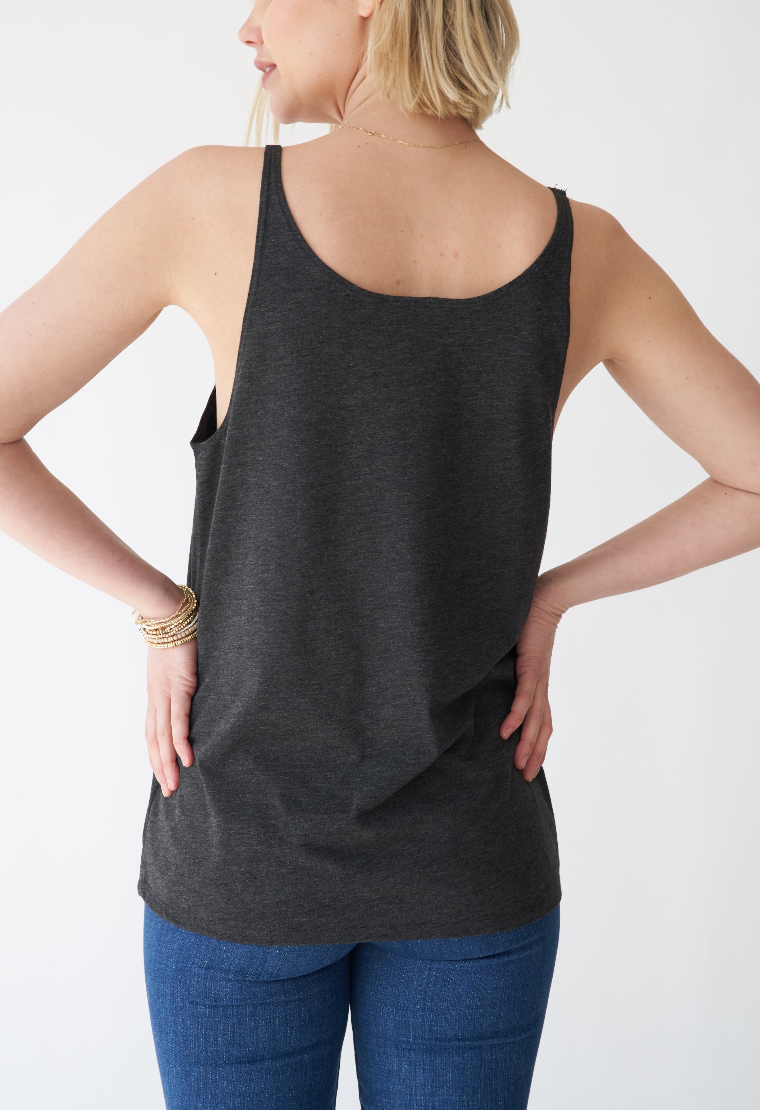  EB Earth Body Onda Thin Strap Loose-Fit Tunic Tank - Heather Black - Bonton