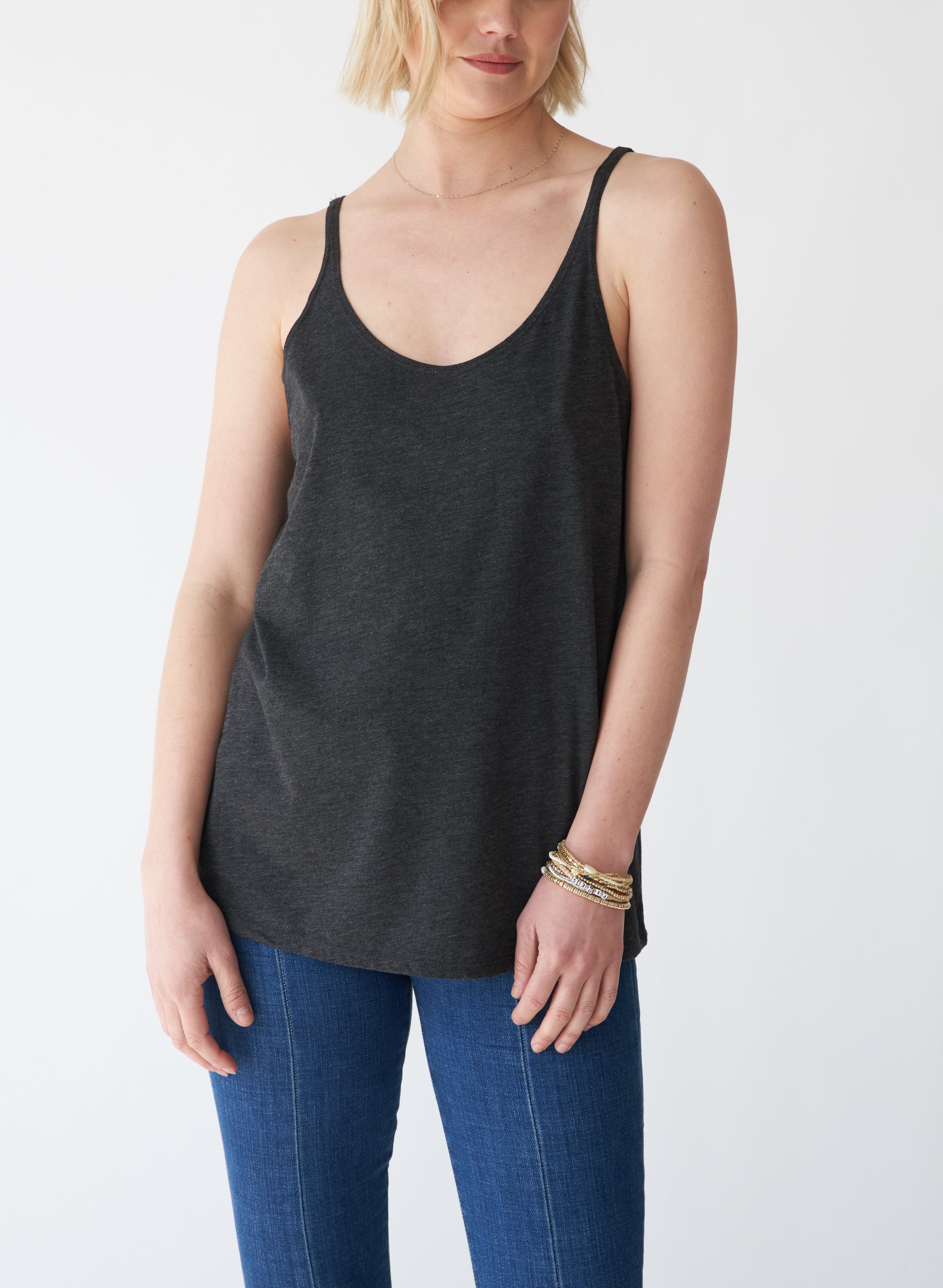  EB Earth Body Onda Thin Strap Loose-Fit Tunic Tank - Heather Black - Bonton