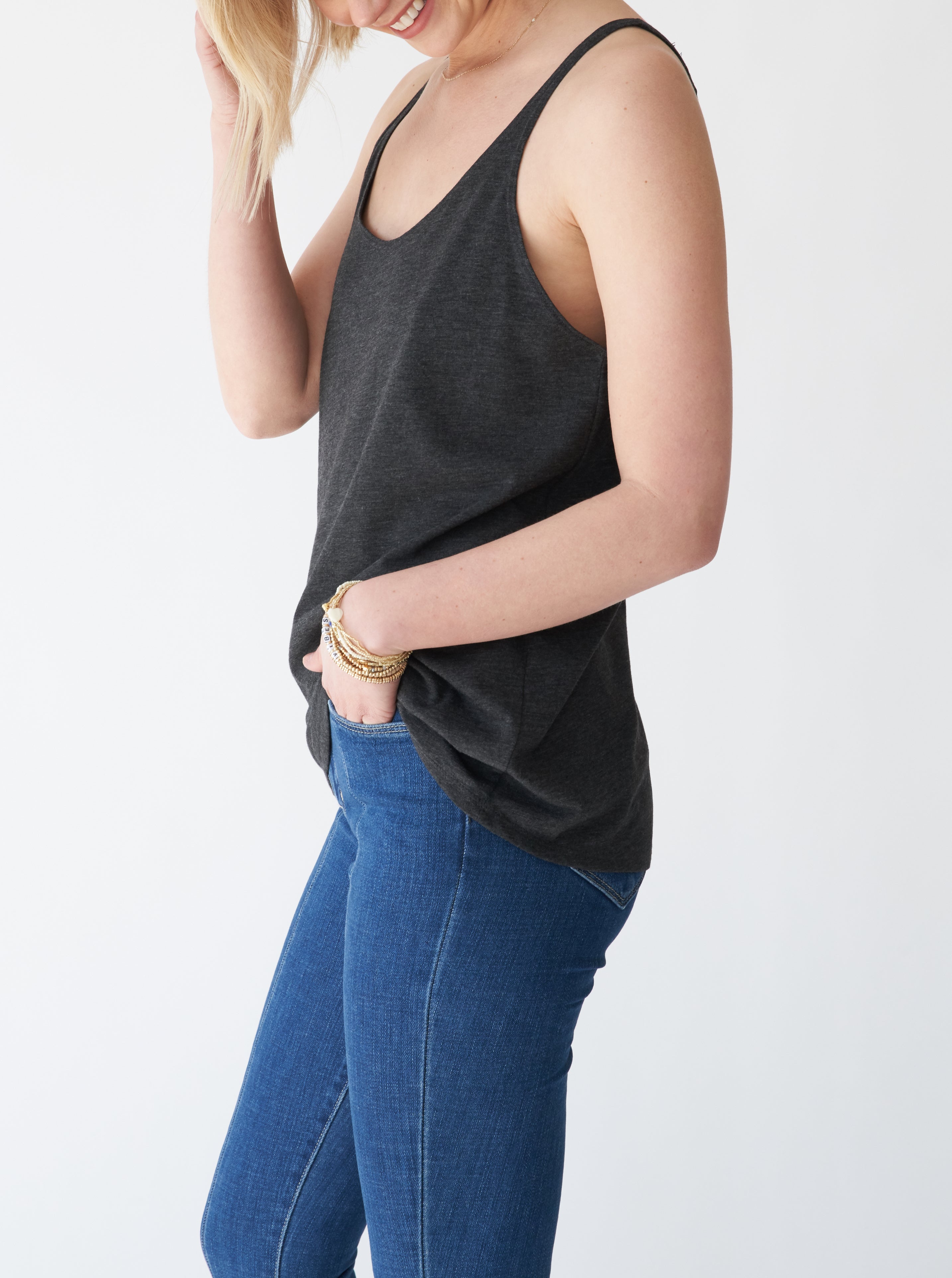  EB Earth Body Onda Thin Strap Loose-Fit Tunic Tank - Heather Black - Bonton