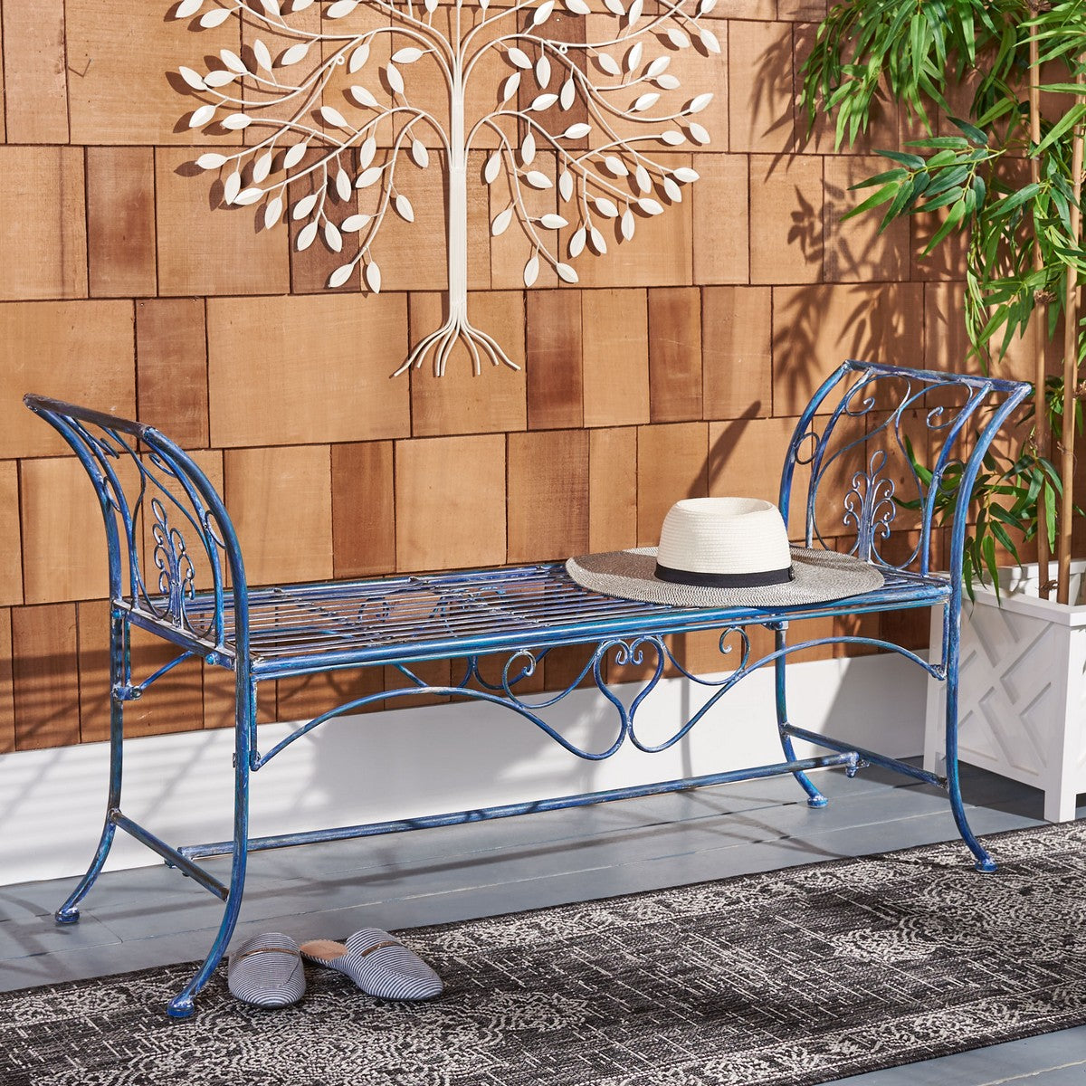  Safavieh Adina Wrought Iron Outdoor Garden Bench - Antique Blue - Bonton