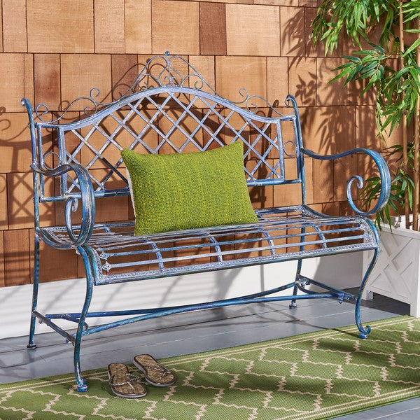  Safavieh Abner Wrought Iron Outdoor Garden Bench - Antique Blue - Bonton