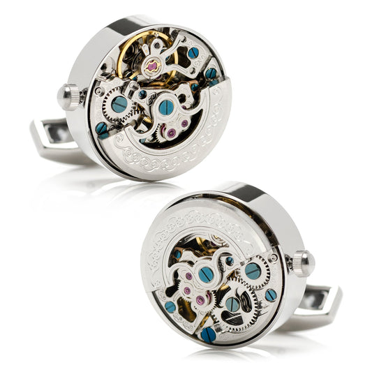 Silver Stainless Steel Kinetic Watch Movement Cufflinks