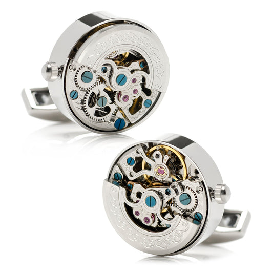 Silver Stainless Steel Kinetic Watch Movement Cufflinks