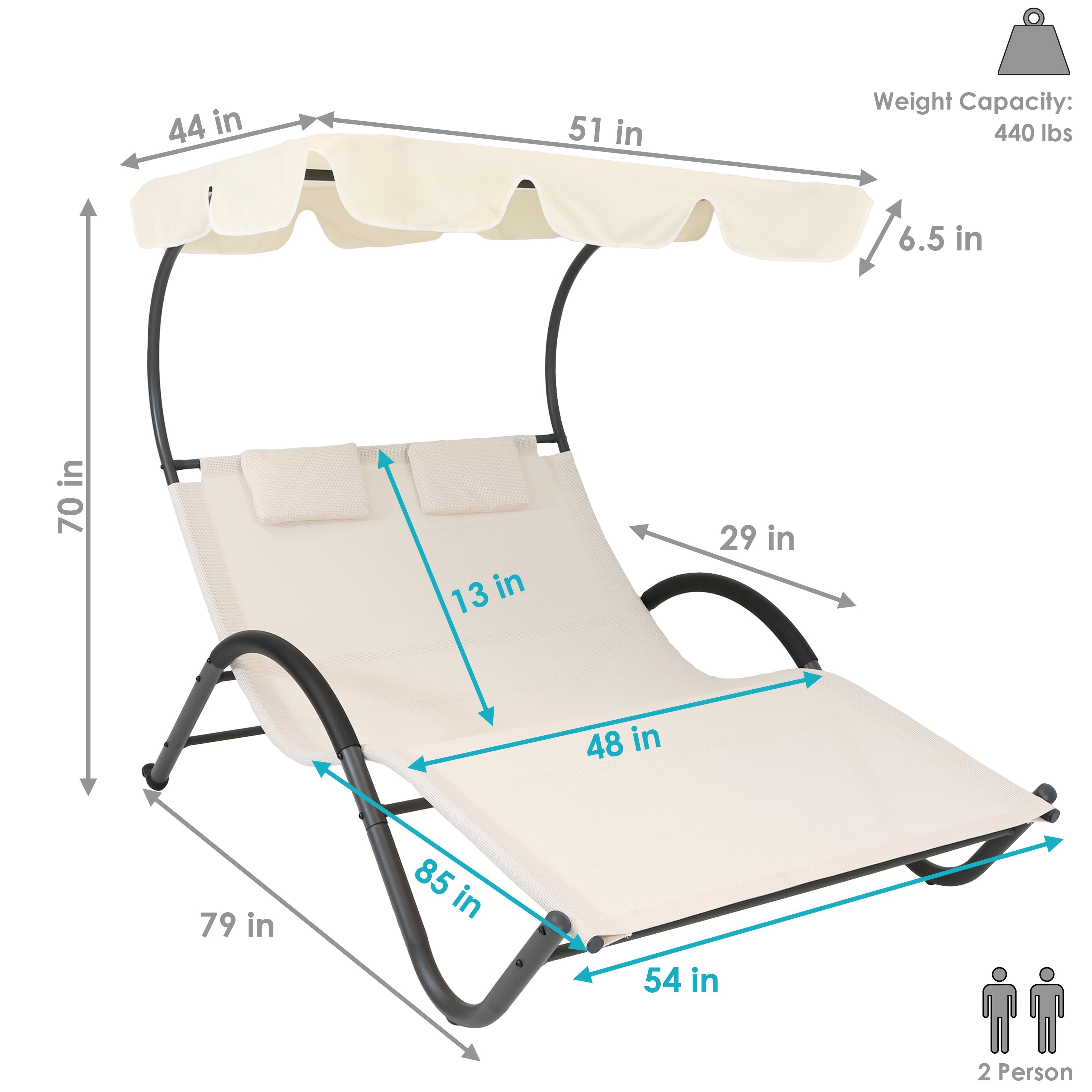  Sunnydaze Decor Double Chaise Lounge with Canopy Shade and Headrest Pillows, Beige - Off-white - Bonton