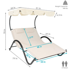 Double Chaise Lounge with Canopy Shade and Headrest Pillows, Beige