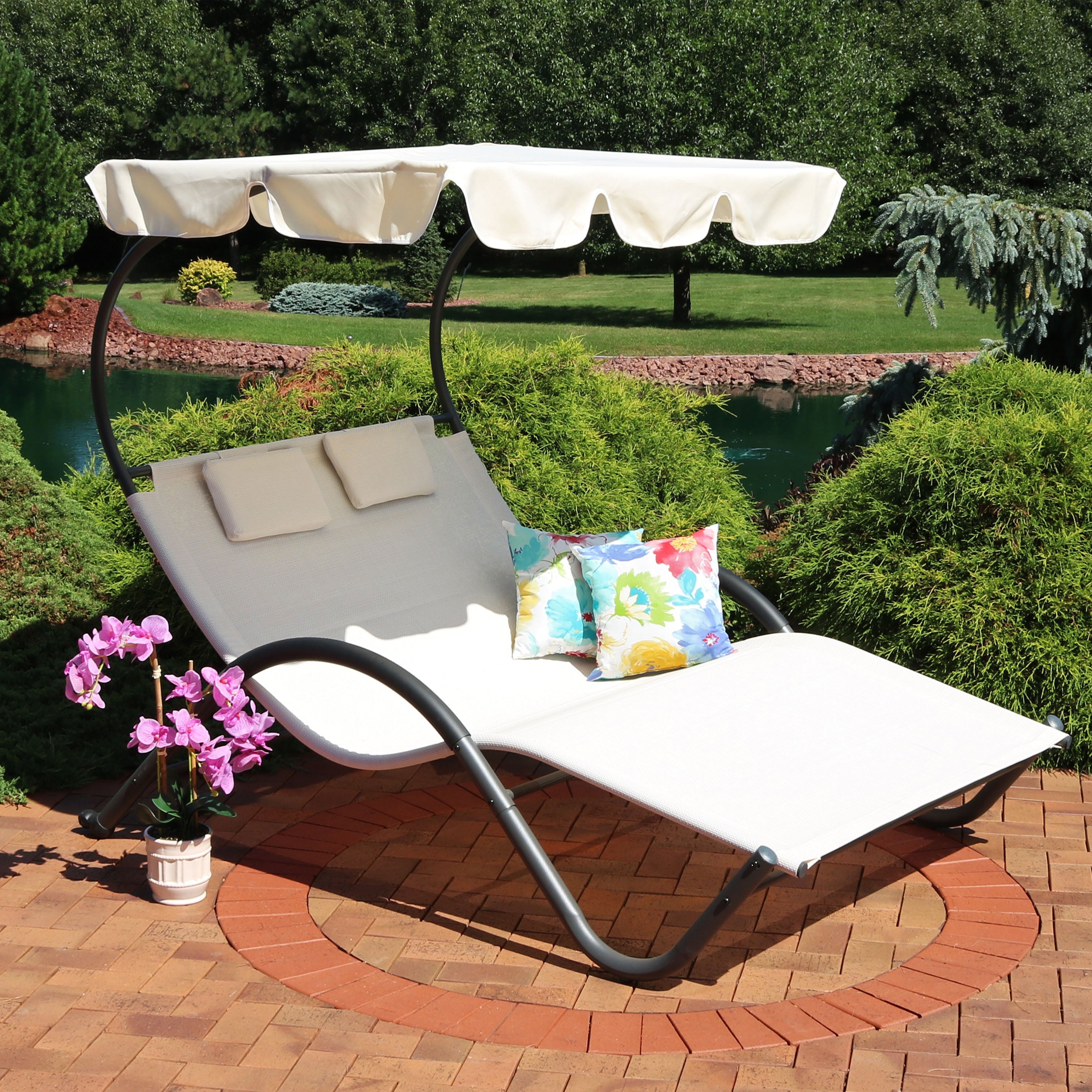  Sunnydaze Decor Double Chaise Lounge with Canopy Shade and Headrest Pillows, Beige - Off-white - Bonton