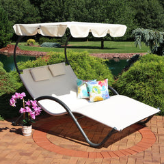 Double Chaise Lounge with Canopy Shade and Headrest Pillows, Beige