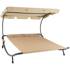 Double Chaise Lounge Bed with Canopy Shade and Headrest Pillows, Beige