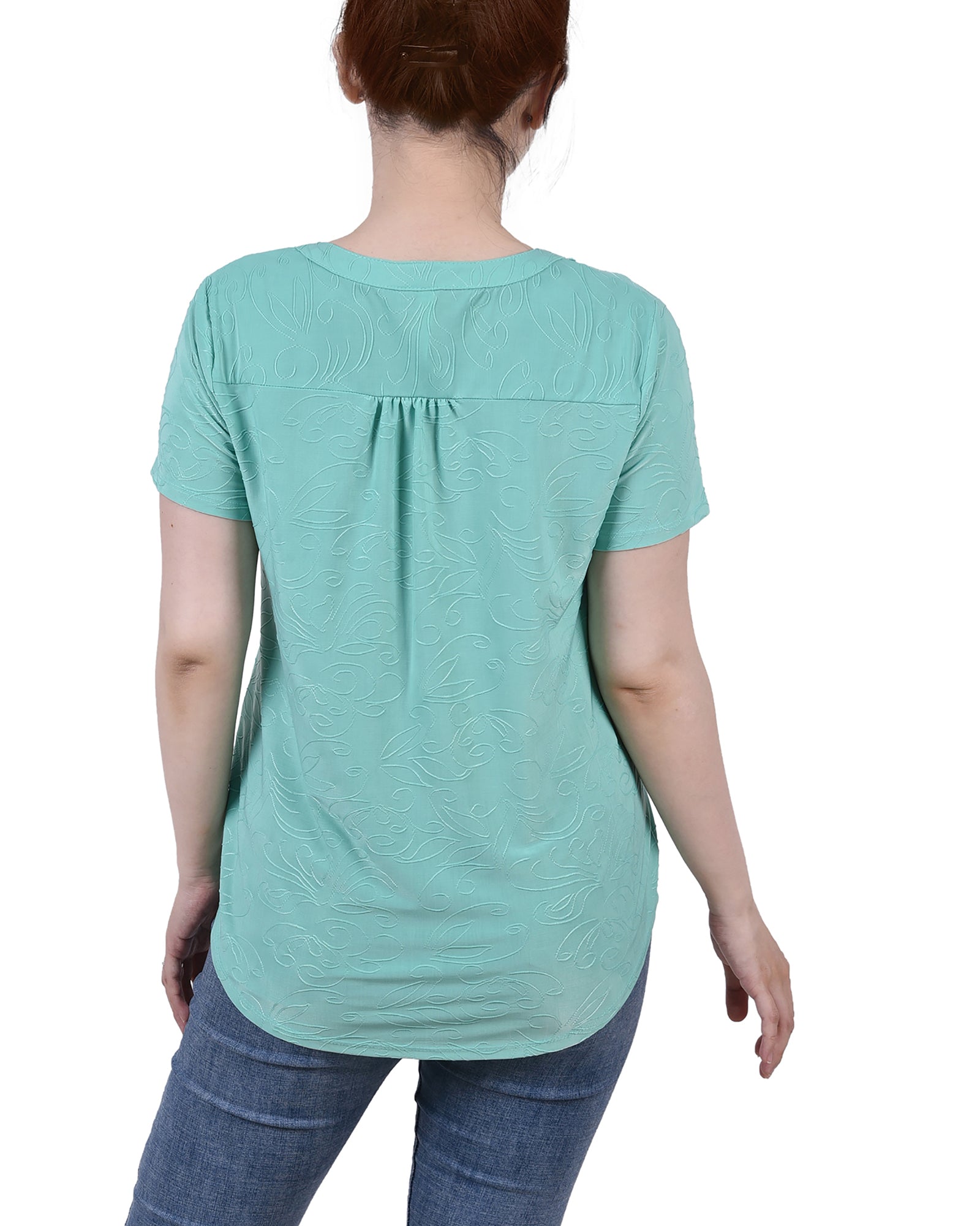  NY Collection Petite Short Sleeve Y Neck Jacquard Knit Top - Bermuda - Bonton