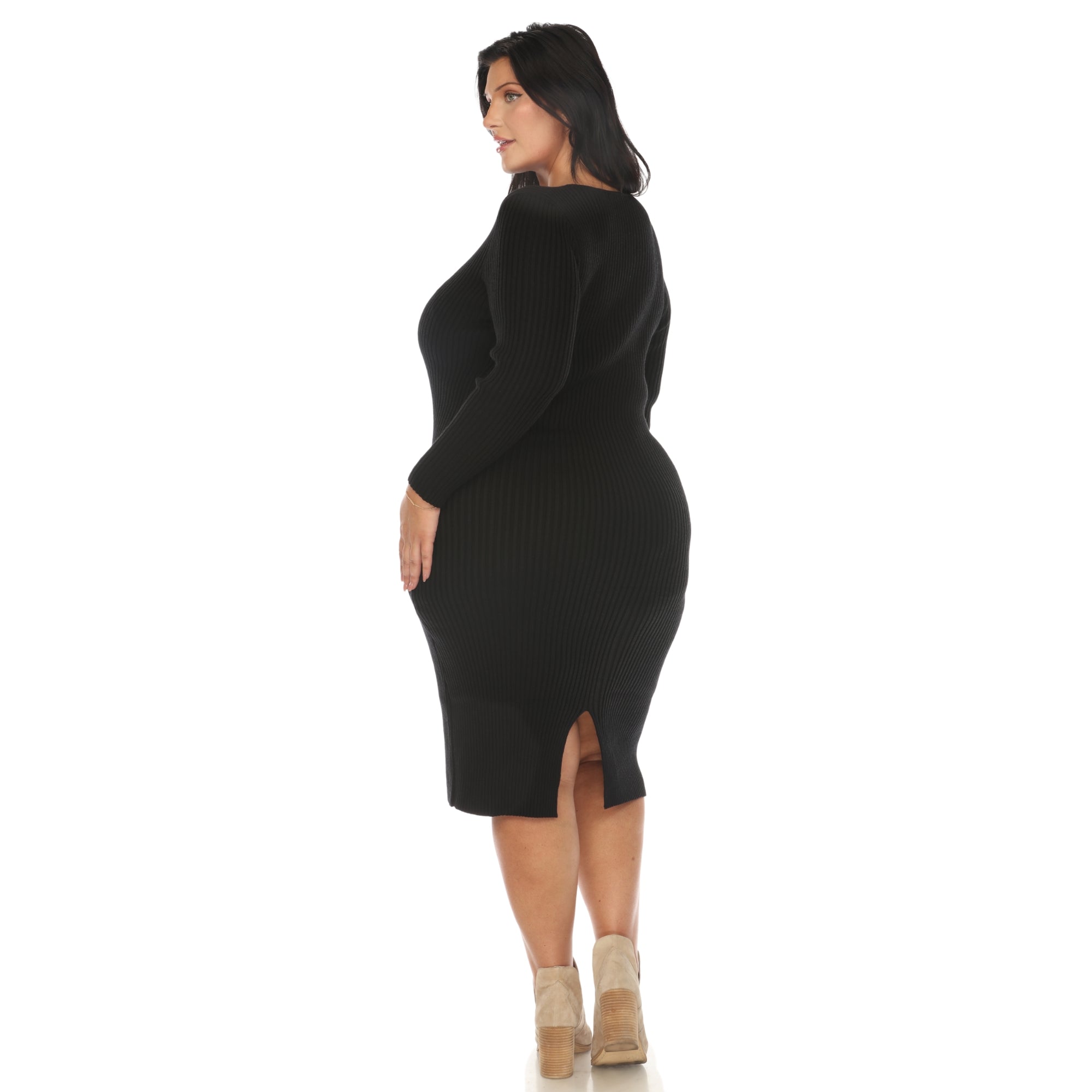  White Mark Plus Size Long Sleeve Rib Midi Sweater Dress - 3X - Bonton