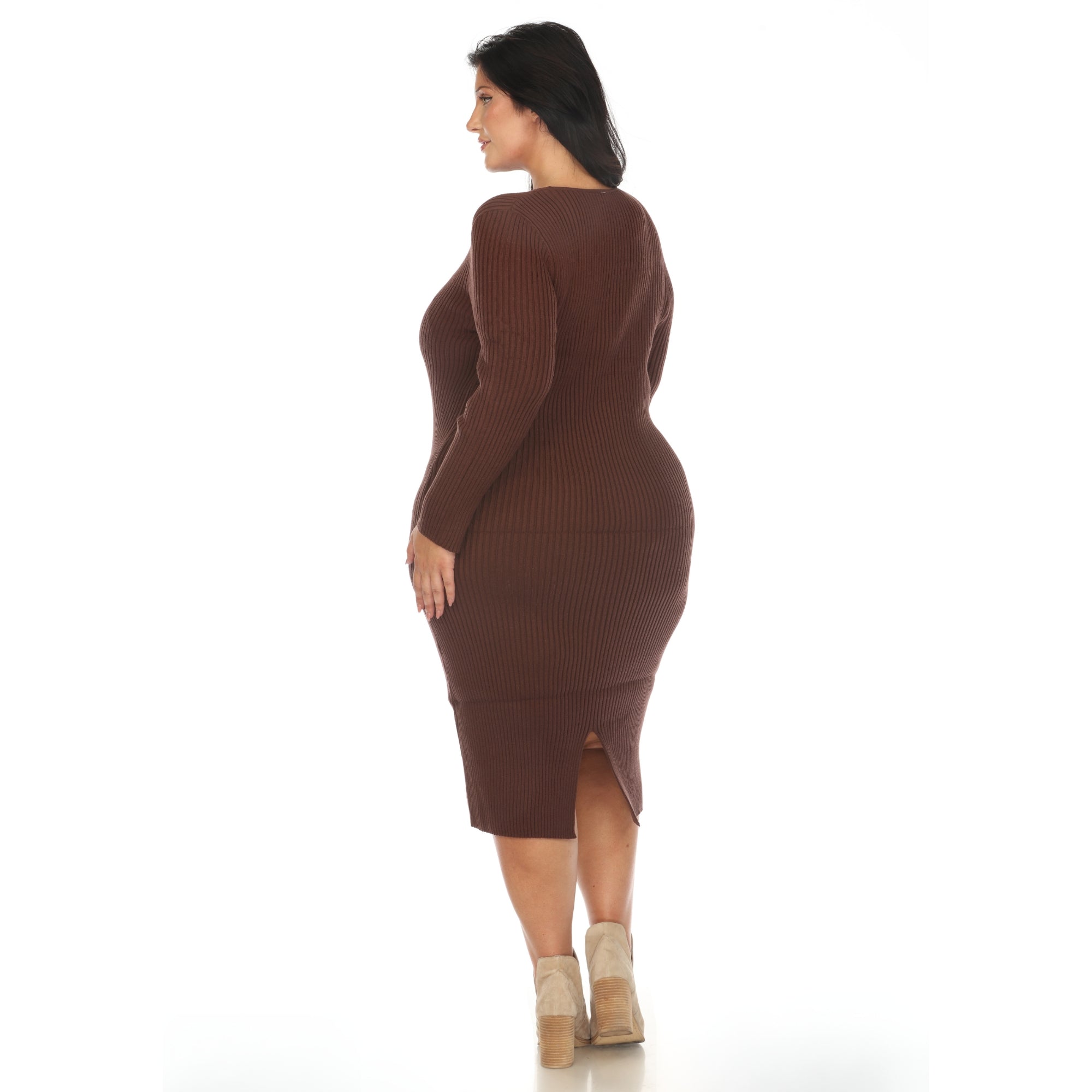  White Mark Plus Size Long Sleeve Rib Midi Sweater Dress - 3X - Bonton
