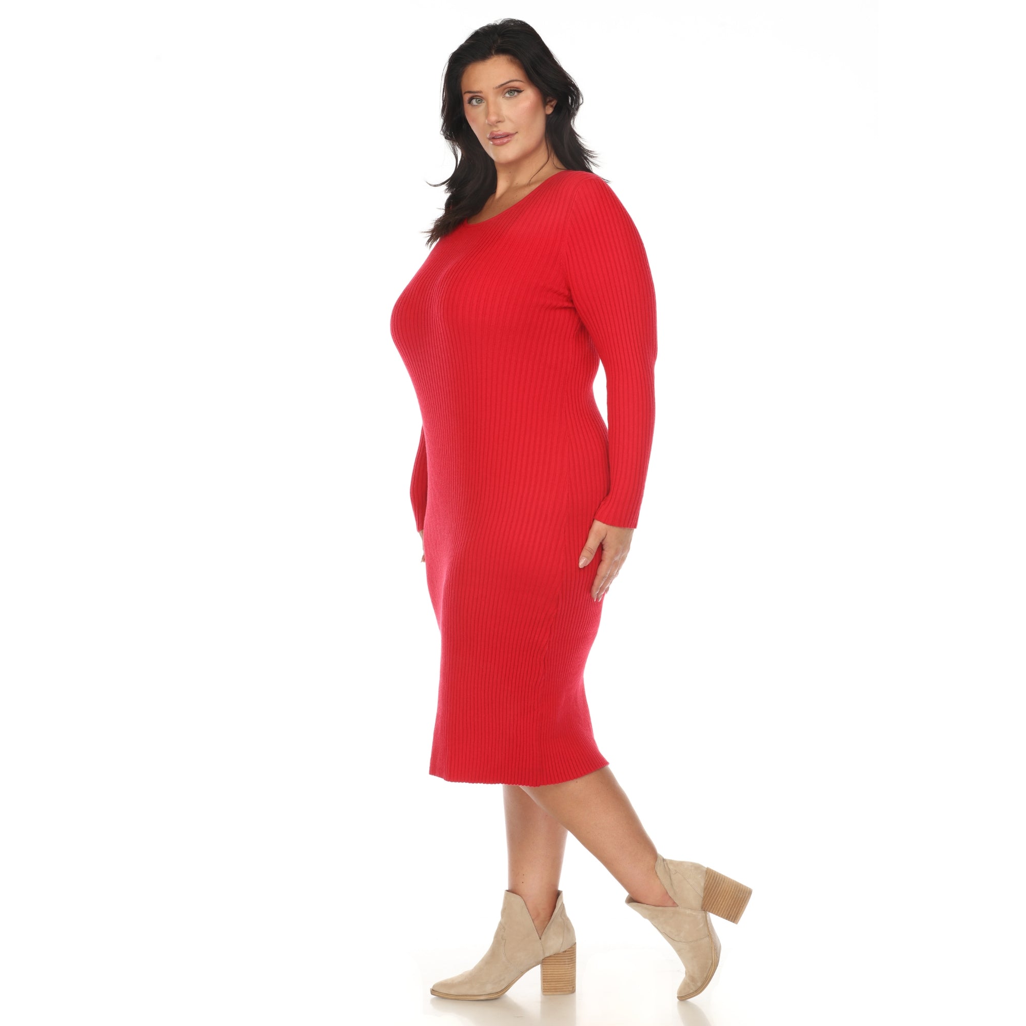  White Mark Plus Size Long Sleeve Rib Midi Sweater Dress - 3X - Bonton