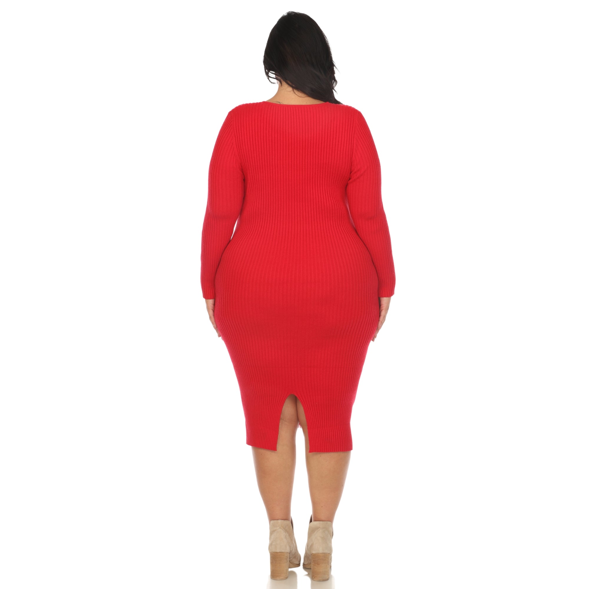  White Mark Plus Size Long Sleeve Rib Midi Sweater Dress - 3X - Bonton